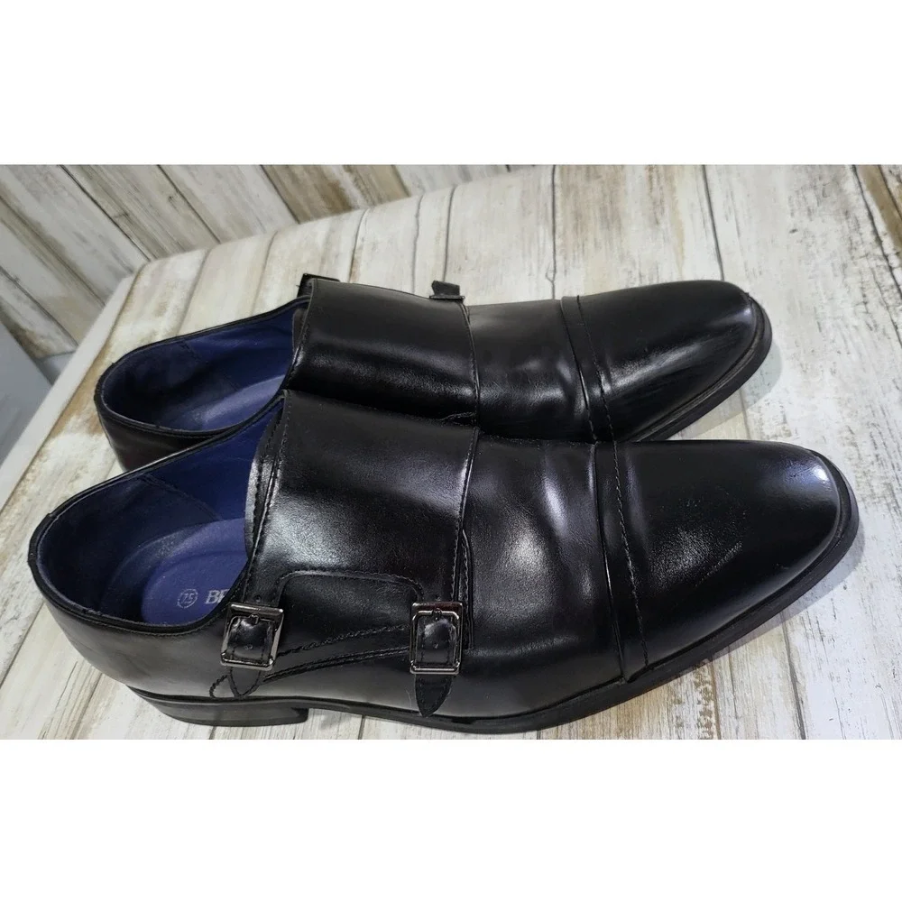 Bruno Marc Mens Black Double Monk‎ Strap Dress Shoes Size 7.5M Cap Toe
